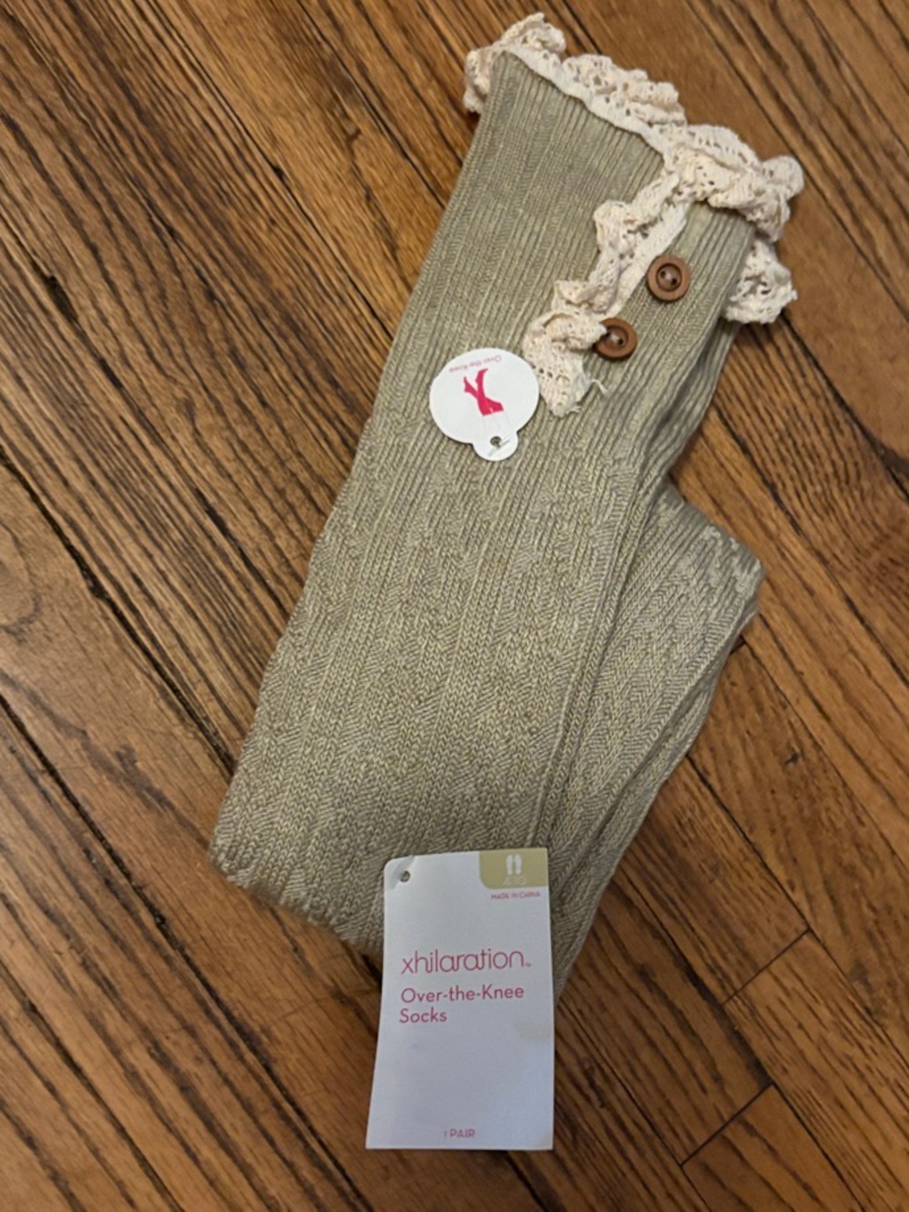 Xhilaration Over-the-Knee Knit Socks with Lace Trim in Sage Green